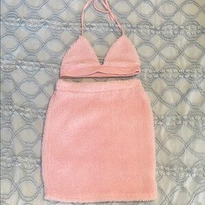 Pink Fuzzy Halter Top and Skirt Set